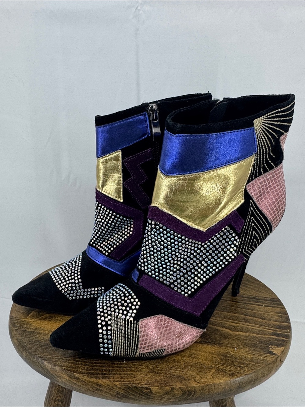 Giuseppe Zanotti Olinda Patchwork 80s Style Pointed Toe Stoletto Ankle Boots, 39